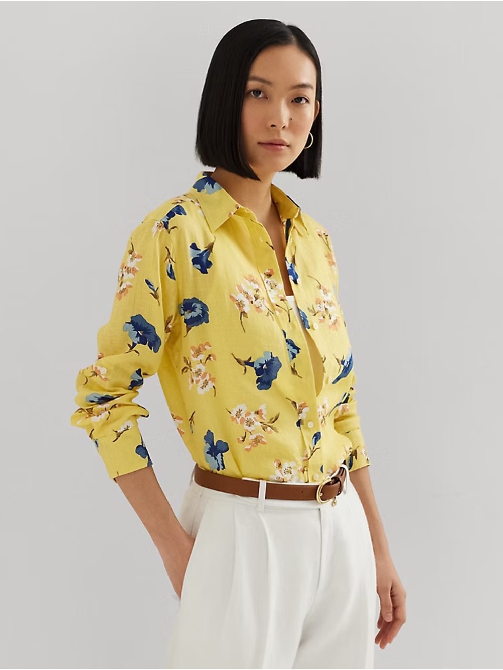 Lauren Ralph Lauren Yellow Floral Linen Button-Down Shirt